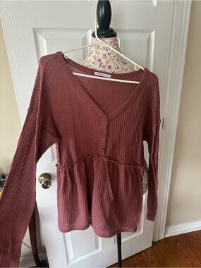 Pink Rose Dusty Mauve Waffle-Knit Peplum Henley Top